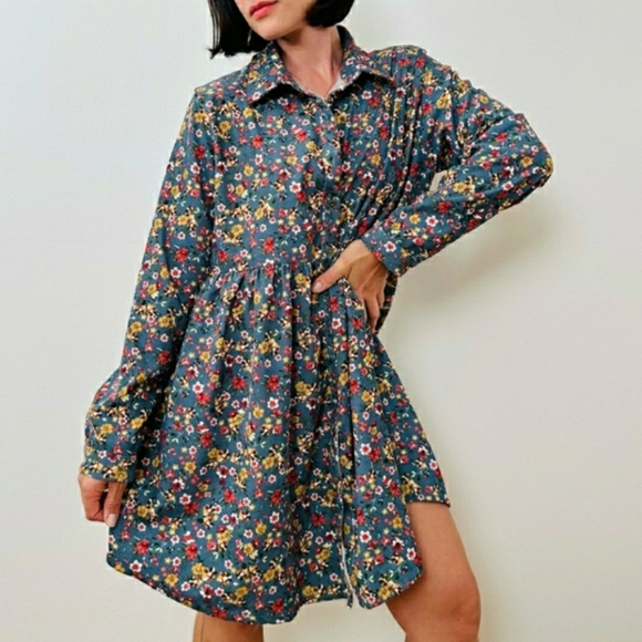 Umgee Dresses & Skirts - Umgee Corduroy Floral Shirtdress Small Blue Button Down Long Sleeve Lightweight